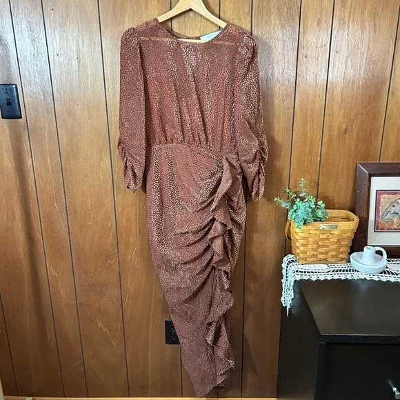 ASTR The Label Ginger Ruched Ruffle Midi Dress Brown Polka Dot Sheer‎ Sleeve M - Picture 2 of 8